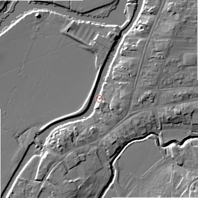 Shaded relief map of the ground around GL205AJ, computed from Environment Agency LiDAR. The ground here sits at about 11 m above sea level and falls 9 m across the surrounding 800 m. Surface water reaching this point runs off ground lying to the east, 6.4 m higher.