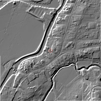 Shaded relief map of the ground around GL205AN, computed from Environment Agency LiDAR. The ground here sits at about 13 m above sea level and falls 10 m across the surrounding 800 m. Surface water reaching this point runs off ground lying to the east-south-east, 2.4 m higher.