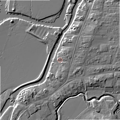 Shaded relief map of the ground around GL205AQ, computed from Environment Agency LiDAR. The ground here sits at about 13 m above sea level and falls 8 m across the surrounding 800 m. Surface water reaching this point runs off ground lying to the east-north-east, 3.1 m higher.