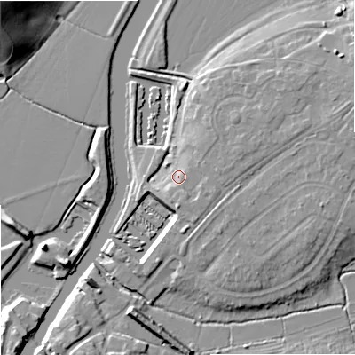 Shaded relief map of the ground around GL205AY, computed from Environment Agency LiDAR. The ground here sits at about 14 m above sea level and falls 19 m across the surrounding 800 m. Surface water reaching this point runs off ground lying to the east-south-east, 3.0 m higher.