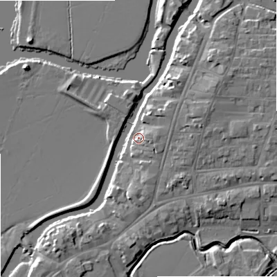 Shaded relief map of the ground around GL205BA, computed from Environment Agency LiDAR. The ground here sits at about 13 m above sea level and falls 8 m across the surrounding 800 m. Surface water reaching this point runs off ground lying to the east-south-east, 2.5 m higher.