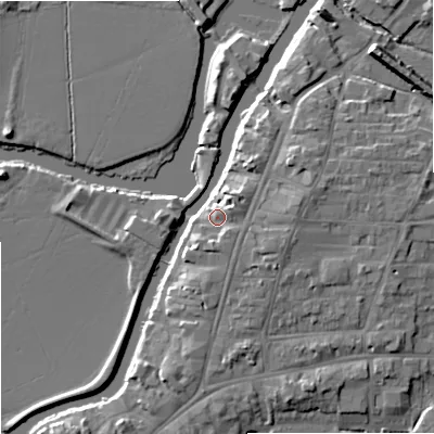 Shaded relief map of the ground around GL205BE, computed from Environment Agency LiDAR. The ground here sits at about 14 m above sea level and falls 9 m across the surrounding 800 m. Surface water reaching this point runs off ground lying to the east-north-east, 3.5 m higher.