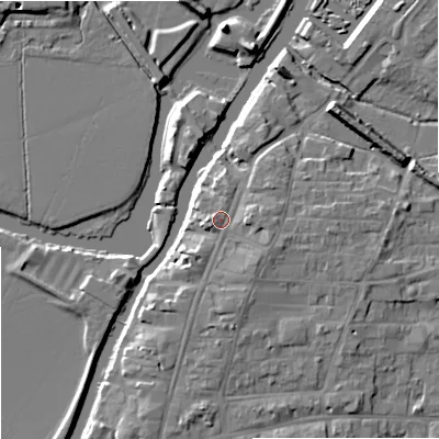 Shaded relief map of the ground around GL205BJ, computed from Environment Agency LiDAR. The ground here sits at about 15 m above sea level and falls 10 m across the surrounding 800 m. Surface water reaching this point runs off ground lying to the south-west, 1.4 m higher.