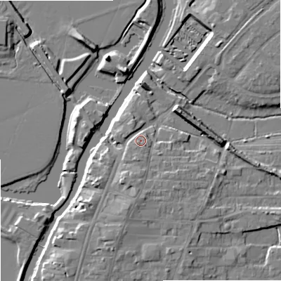 Shaded relief map of the ground around GL205BZ, computed from Environment Agency LiDAR. The ground here sits at about 15 m above sea level and falls 9 m across the surrounding 800 m. Surface water reaching this point runs off ground lying to the south-west, 2.2 m higher.
