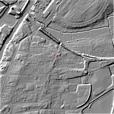 Shaded relief map of the ground around GL205DL, computed from Environment Agency LiDAR. The ground here sits at about 14 m above sea level and falls 9 m across the surrounding 800 m. Surface water reaching this point runs off ground lying to the west-south-west, 2.0 m higher.