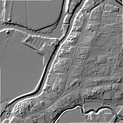Shaded relief map of the ground around GL205DU, computed from Environment Agency LiDAR. The ground here sits at about 15 m above sea level and falls 8 m across the surrounding 800 m. Surface water reaching this point runs off ground lying to the north-east, 3.1 m higher.