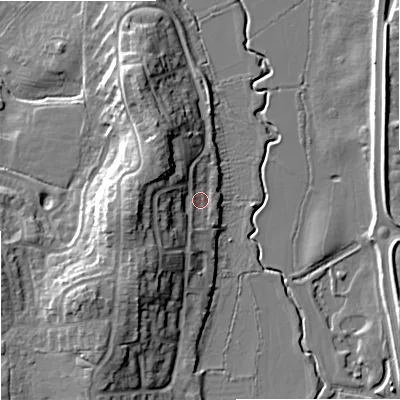 Shaded relief map of the ground around GL205EL, computed from Environment Agency LiDAR. The ground here sits at about 14 m above sea level and falls 13 m across the surrounding 800 m. Surface water reaching this point runs off ground lying to the west-south-west, 9.1 m higher.