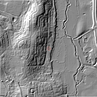 Shaded relief map of the ground around GL205EP, computed from Environment Agency LiDAR. The ground here sits at about 13 m above sea level and falls 13 m across the surrounding 800 m. Surface water reaching this point runs off ground lying to the north-west, 8.0 m higher.