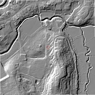 Shaded relief map of the ground around GL205JG, computed from Environment Agency LiDAR. The ground here sits at about 13 m above sea level and falls 13 m across the surrounding 800 m. Surface water reaching this point runs off ground lying to the east-south-east, 8.0 m higher.