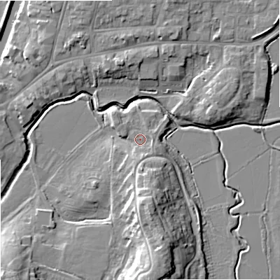 Shaded relief map of the ground around GL205JH, computed from Environment Agency LiDAR. The ground here sits at about 13 m above sea level and falls 13 m across the surrounding 800 m. Surface water reaching this point runs off ground lying to the south, 2.1 m higher.