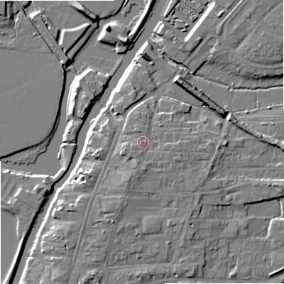 Shaded relief map of the ground around GL205LU, computed from Environment Agency LiDAR. The ground here sits at about 16 m above sea level and falls 9 m across the surrounding 800 m. Surface water reaching this point runs off ground lying to the south, 1.6 m higher.