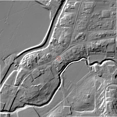 Shaded relief map of the ground around GL205PD, computed from Environment Agency LiDAR. The ground here sits at about 13 m above sea level and falls 12 m across the surrounding 800 m. Surface water reaching this point runs off ground lying to the north-east, 3.8 m higher.