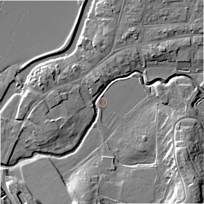 Shaded relief map of the ground around GL205PG, computed from Environment Agency LiDAR. The ground here sits at about 11 m above sea level and falls 12 m across the surrounding 800 m. Surface water reaching this point runs off ground lying to the south-east, 11.4 m higher.