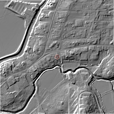 Shaded relief map of the ground around GL205QD, computed from Environment Agency LiDAR. The ground here sits at about 14 m above sea level and falls 12 m across the surrounding 800 m. Surface water reaching this point runs off ground lying to the east-north-east, 2.1 m higher.