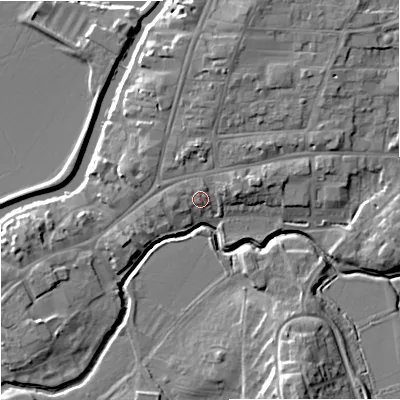 Shaded relief map of the ground around GL205QE, computed from Environment Agency LiDAR. The ground here sits at about 14 m above sea level and falls 12 m across the surrounding 800 m. Surface water reaching this point runs off ground lying to the east-north-east, 2.2 m higher.