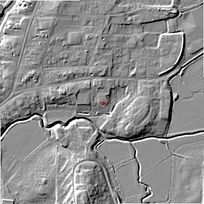 Shaded relief map of the ground around GL205QN, computed from Environment Agency LiDAR. The ground here sits at about 14 m above sea level and falls 12 m across the surrounding 800 m. Surface water reaching this point runs off ground lying to the east-north-east, 0.9 m higher.