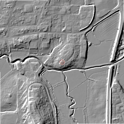 Shaded relief map of the ground around GL205QT, computed from Environment Agency LiDAR. The ground here sits at about 15 m above sea level and falls 12 m across the surrounding 800 m. Surface water reaching this point runs off ground lying to the north-north-east, 1.2 m higher.