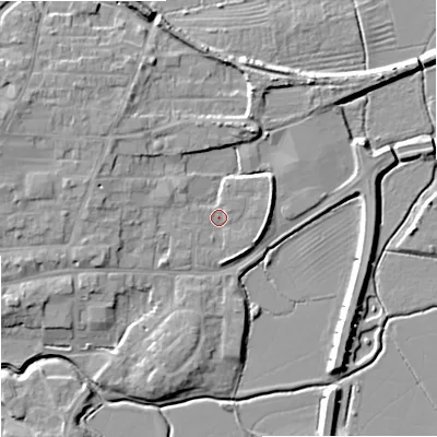Shaded relief map of the ground around GL205QZ, computed from Environment Agency LiDAR. The ground here sits at about 13 m above sea level and falls 8 m across the surrounding 800 m. Surface water reaching this point runs off ground lying to the east-north-east, 2.9 m higher.