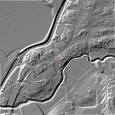 Shaded relief map of the ground around GL205RH, computed from Environment Agency LiDAR. The ground here sits at about 13 m above sea level and falls 12 m across the surrounding 800 m. Surface water reaching this point runs off ground lying to the north-east, 3.8 m higher.