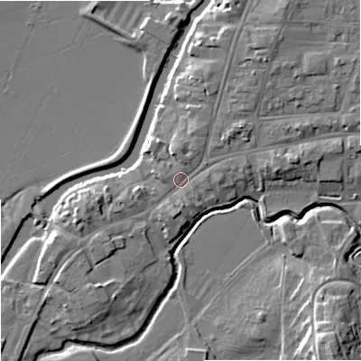Shaded relief map of the ground around GL205RS, computed from Environment Agency LiDAR. The ground here sits at about 13 m above sea level and falls 12 m across the surrounding 800 m. Surface water reaching this point runs off ground lying to the north-east, 3.7 m higher.