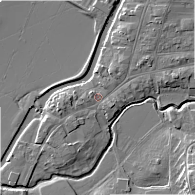 Shaded relief map of the ground around GL205RU, computed from Environment Agency LiDAR. The ground here sits at about 13 m above sea level and falls 12 m across the surrounding 800 m. Surface water reaching this point runs off ground lying to the west-south-west, 1.6 m higher.