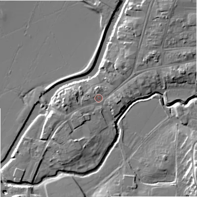 Shaded relief map of the ground around GL205RX, computed from Environment Agency LiDAR. The ground here sits at about 13 m above sea level and falls 13 m across the surrounding 800 m. Surface water reaching this point runs off ground lying to the west-south-west, 1.6 m higher.
