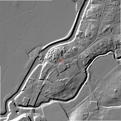 Shaded relief map of the ground around GL205RZ, computed from Environment Agency LiDAR. The ground here sits at about 14 m above sea level and falls 13 m across the surrounding 800 m. Surface water reaching this point runs off ground lying to the north-west, 1.7 m higher.