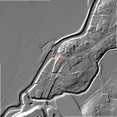 Shaded relief map of the ground around GL205SA, computed from Environment Agency LiDAR. The ground here sits at about 13 m above sea level and falls 14 m across the surrounding 800 m. Surface water reaching this point runs off ground lying to the east, 4.6 m higher.
