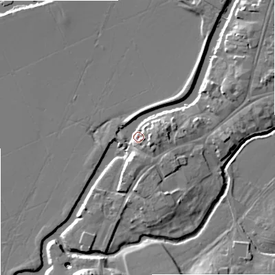 Shaded relief map of the ground around GL205SD, computed from Environment Agency LiDAR. The ground here sits at about 12 m above sea level and falls 11 m across the surrounding 800 m. Surface water reaching this point runs off ground lying to the east, 5.3 m higher.