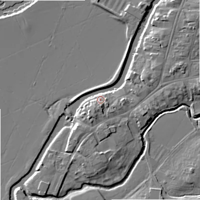 Shaded relief map of the ground around GL205SE, computed from Environment Agency LiDAR. The ground here sits at about 13 m above sea level and falls 8 m across the surrounding 800 m. Surface water reaching this point runs off ground lying to the south-south-west, 5.3 m higher.
