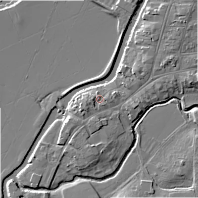 Shaded relief map of the ground around GL205SF, computed from Environment Agency LiDAR. The ground here sits at about 14 m above sea level and falls 9 m across the surrounding 800 m. Surface water reaching this point runs off ground lying to the west, 2.2 m higher.