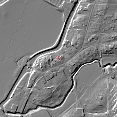 Shaded relief map of the ground around GL205SJ, computed from Environment Agency LiDAR. The ground here sits at about 13 m above sea level and falls 9 m across the surrounding 800 m. Surface water reaching this point runs off ground lying to the west, 2.5 m higher.