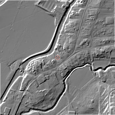 Shaded relief map of the ground around GL205SL, computed from Environment Agency LiDAR. The ground here sits at about 12 m above sea level and falls 12 m across the surrounding 800 m. Surface water reaching this point runs off ground lying to the east-north-east, 4.3 m higher.