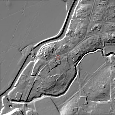 Shaded relief map of the ground around GL205SN, computed from Environment Agency LiDAR. The ground here sits at about 13 m above sea level and falls 13 m across the surrounding 800 m. Surface water reaching this point runs off ground lying to the west-north-west, 1.1 m higher.