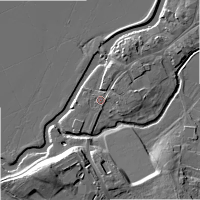 Shaded relief map of the ground around GL205SP, computed from Environment Agency LiDAR. The ground here sits at about 12 m above sea level and falls 14 m across the surrounding 800 m. Surface water reaching this point runs off ground lying to the north-east, 3.0 m higher.