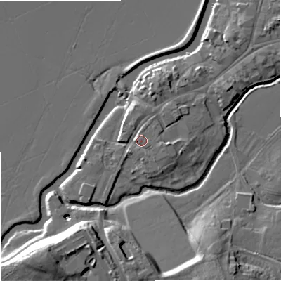 Shaded relief map of the ground around GL205SR, computed from Environment Agency LiDAR. The ground here sits at about 14 m above sea level and falls 14 m across the surrounding 800 m. Surface water reaching this point runs off ground lying to the north-east, 2.3 m higher.