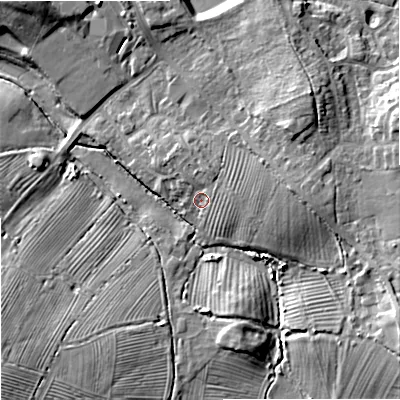 Shaded relief map of the ground around GL205TX, computed from Environment Agency LiDAR. The ground here sits at about 14 m above sea level and falls 16 m across the surrounding 800 m. Surface water reaching this point runs off ground lying to the north-north-east, 3.3 m higher.