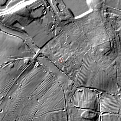 Shaded relief map of the ground around GL205TZ, computed from Environment Agency LiDAR. The ground here sits at about 14 m above sea level and falls 19 m across the surrounding 800 m. Surface water reaching this point runs off ground lying to the east, 2.6 m higher.