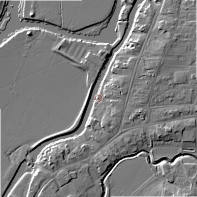 Shaded relief map of the ground around GL205UP, computed from Environment Agency LiDAR. The ground here sits at about 12 m above sea level and falls 8 m across the surrounding 800 m. Surface water reaching this point runs off ground lying to the east-north-east, 5.5 m higher.