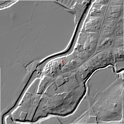 Shaded relief map of the ground around GL205UQ, computed from Environment Agency LiDAR. The ground here sits at about 13 m above sea level and falls 8 m across the surrounding 800 m. Surface water reaching this point runs off ground lying to the south-west, 2.2 m higher.
