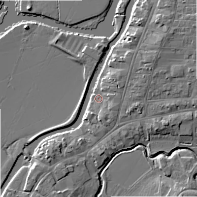 Shaded relief map of the ground around GL205UR, computed from Environment Agency LiDAR. The ground here sits at about 12 m above sea level and falls 8 m across the surrounding 800 m. Surface water reaching this point runs off ground lying to the north-east, 3.0 m higher.