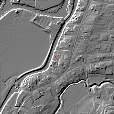 Shaded relief map of the ground around GL205US, computed from Environment Agency LiDAR. The ground here sits at about 12 m above sea level and falls 8 m across the surrounding 800 m. Surface water reaching this point runs off ground lying to the east, 2.7 m higher.