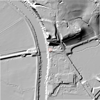 Shaded relief map of the ground around GL206AA, computed from Environment Agency LiDAR. The ground here sits at about 14 m above sea level and falls 28 m across the surrounding 800 m. Surface water reaching this point runs off ground lying to the north, 24.2 m higher.