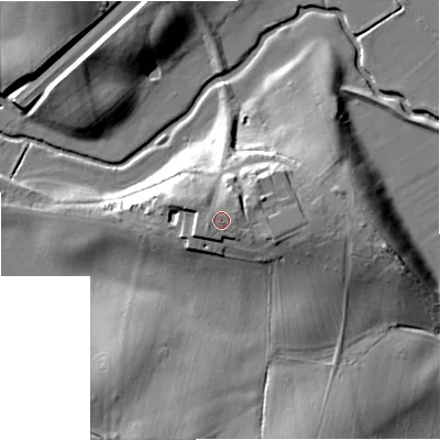 Shaded relief map of the ground around GL206AH, computed from Environment Agency LiDAR. The ground here sits at about 23 m above sea level and falls 14 m across the surrounding 800 m. Surface water reaching this point runs off ground lying to the west, 0.6 m higher.