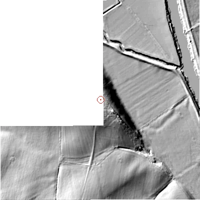 Shaded relief map of the ground around GL206AQ, computed from Environment Agency LiDAR. The ground here sits at about 22 m above sea level and falls 13 m across the surrounding 800 m. The ground contributing surface water to this point lies to the south-south-east.