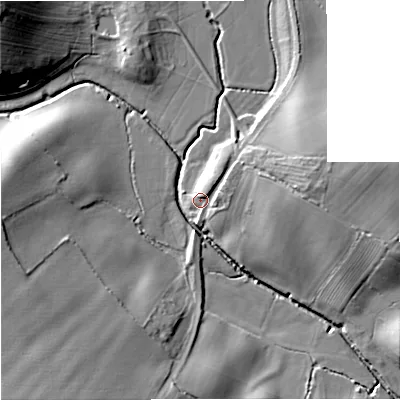 Shaded relief map of the ground around GL206AX, computed from Environment Agency LiDAR. The ground here sits at about 13 m above sea level and falls 20 m across the surrounding 800 m. Surface water reaching this point runs off ground lying to the east-north-east, 2.4 m higher.