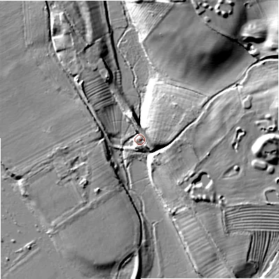 Shaded relief map of the ground around GL206BJ, computed from Environment Agency LiDAR. The ground here sits at about 13 m above sea level and falls 21 m across the surrounding 800 m. Surface water reaching this point runs off ground lying to the north-north-west, 8.1 m higher.