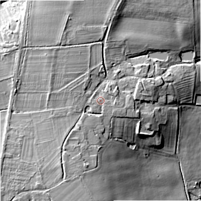 Shaded relief map of the ground around GL206DA, computed from Environment Agency LiDAR. The ground here sits at about 33 m above sea level and falls 21 m across the surrounding 800 m. Surface water reaching this point runs off ground lying to the south-south-west, 4.4 m higher.