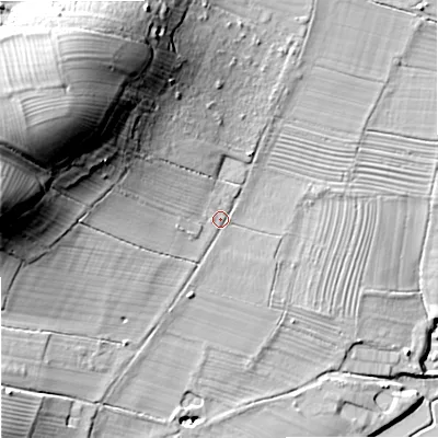 Shaded relief map of the ground around GL206DL, computed from Environment Agency LiDAR. The ground here sits at about 19 m above sea level and falls 40 m across the surrounding 800 m. Surface water reaching this point runs off ground lying to the west-north-west, 31.2 m higher.
