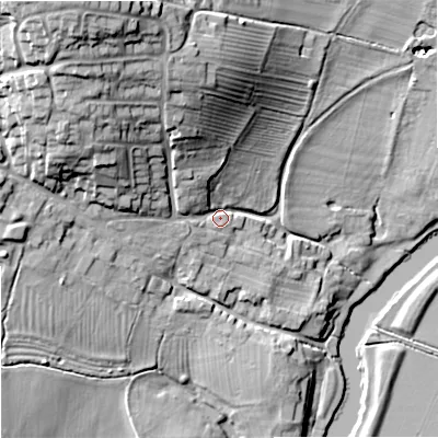 Shaded relief map of the ground around GL206DQ, computed from Environment Agency LiDAR. The ground here sits at about 18 m above sea level and falls 32 m across the surrounding 800 m. Surface water reaching this point runs off ground lying to the north-north-west, 25.7 m higher.